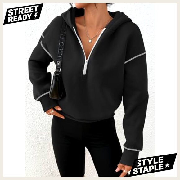 Half Zip Pullover Cropped Hoodie Y2K Fleece Lined Sweatshirt Casual Wear - Picture 3 of 6